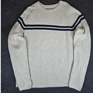 Vtg Y2K Old Navy Men's Cream Navy Striped Crewneck Sweater Cotton Knit Size XXL